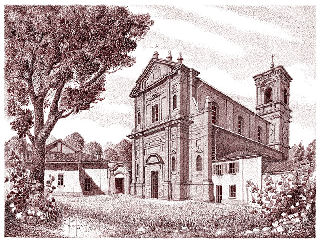 Litografia dell'attuale Chiesa dell'Abazia di Santa Maria di Pinerolo in Borgo San Verano