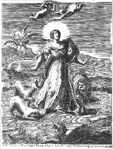 Traslazione a Tropea del corpo di Santa Domenica. Incisione da  ' Vita di Santa Domenica... '  di Antonio Barone, Napoli, 1690.