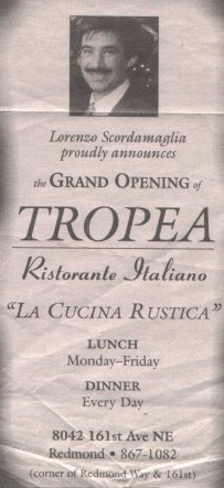 Inserzione in un giornale locale per segnalare l'apertura del Ristorante Tropea.